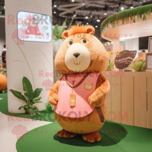 Peach Capybara mascot costume character dressed with a Tank Top and Brooches