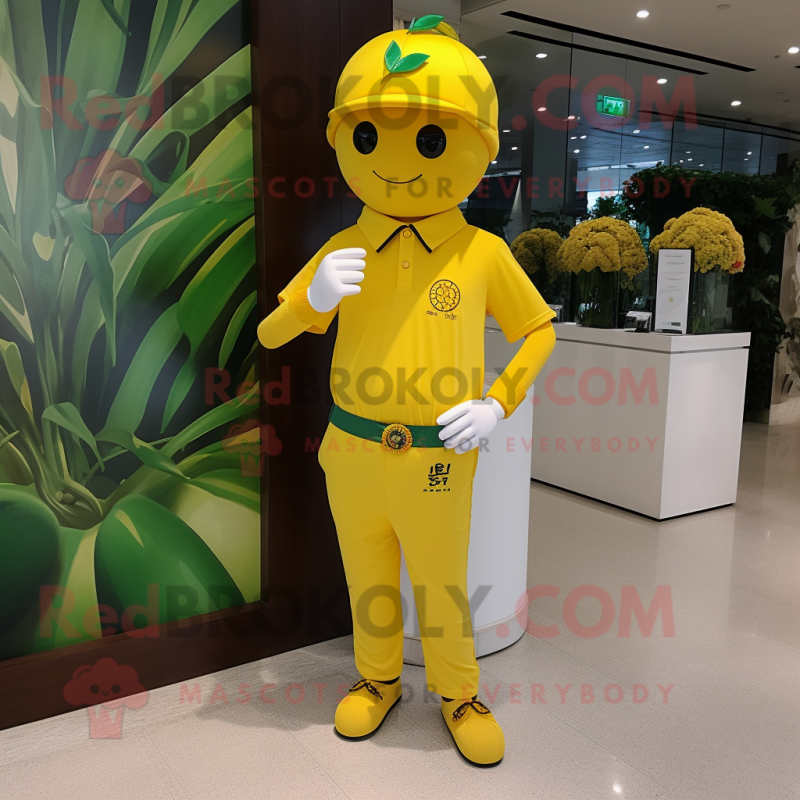 Yellow Plum mascot costume character dressed with a Polo Shirt and Bracelet watches Yellow Plum mascot costume character dressed with a Polo Shirt and Bracelet watches