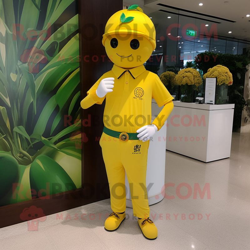 Yellow Plum mascot costume character dressed with a Polo Shirt and Bracelet watches