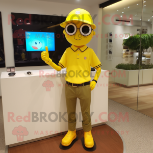 Yellow Plum mascot costume character dressed with a Polo Shirt and Bracelet watches