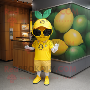 Yellow Plum mascot costume character dressed with a Polo Shirt and Bracelet watches