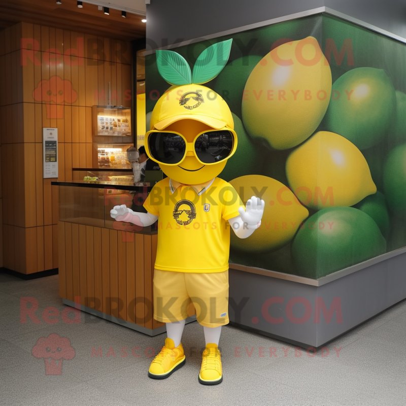 Yellow Plum mascot costume character dressed with a Polo Shirt and Bracelet watches Yellow Plum mascot costume character dressed with a Polo Shirt and Bracelet watches