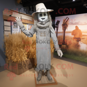 Silver Scarecrow mascot costume character dressed with a Henley Tee and Gloves