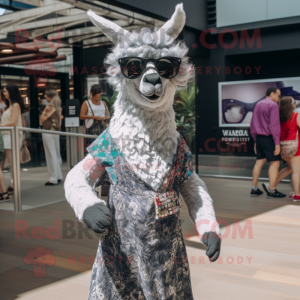 Silver Llama mascot costume character dressed with a Maxi Dress and Sunglasses