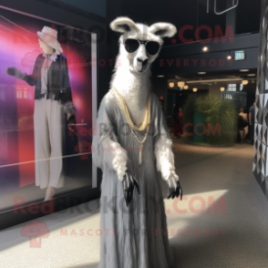 Silver Llama mascot costume character dressed with a Maxi Dress and Sunglasses