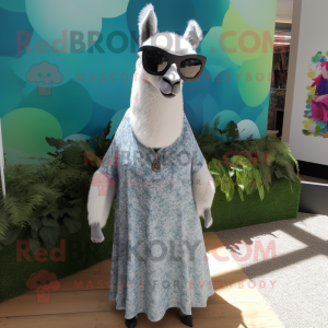 Silver Llama mascot costume character dressed with a Maxi Dress and Sunglasses