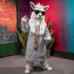 Silver Llama mascot costume character dressed with a Maxi Dress and Sunglasses