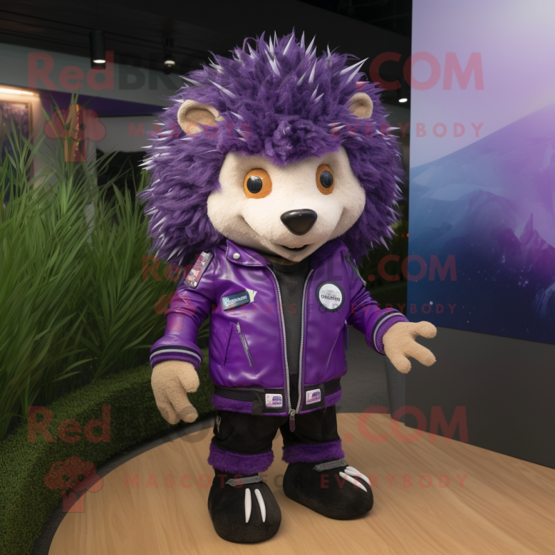 Purple Hedgehog mascot costume character dressed with a Moto Jacket and Shoe laces