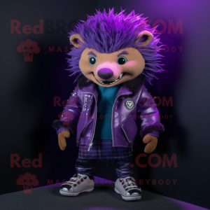 Purple Hedgehog mascot costume character dressed with a Moto Jacket and Shoe laces