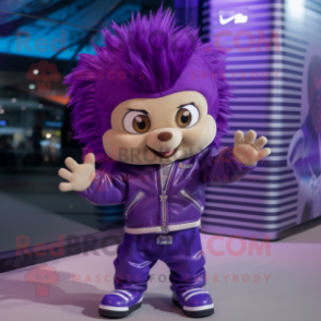 Purple Hedgehog mascot costume character dressed with a Moto Jacket and Shoe laces