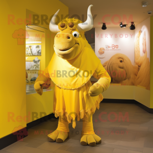 Yellow Minotaur mascot costume character dressed with a Bermuda Shorts and Shawls