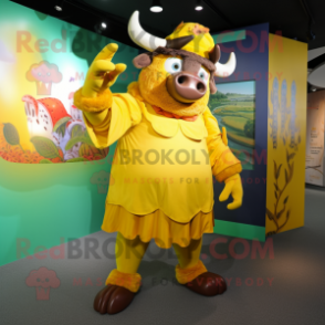 Yellow Minotaur mascot costume character dressed with a Bermuda Shorts and Shawls