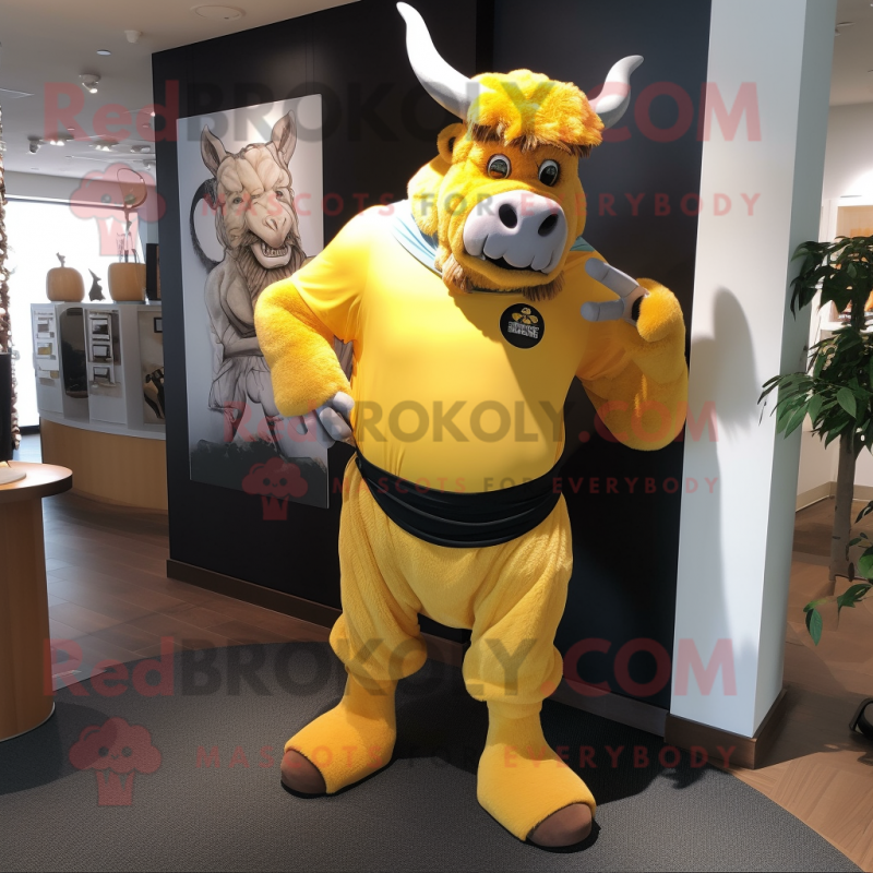 Yellow Minotaur mascot costume character dressed with a Bermuda Shorts and Shawls