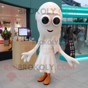 White Squid mascot costume character dressed with a Pencil Skirt and Earrings