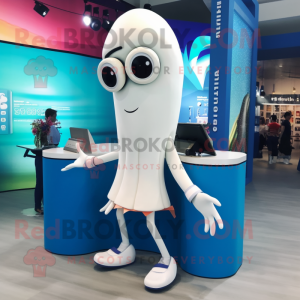 White Squid mascot costume character dressed with a Pencil Skirt and Earrings
