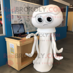 White Squid mascot costume character dressed with a Pencil Skirt and Earrings