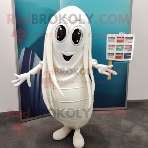 White Squid mascot costume character dressed with a Pencil Skirt and Earrings