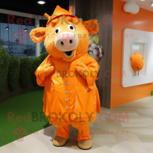 Orange Wild Boar mascot costume character dressed with a Raincoat and Clutch bags