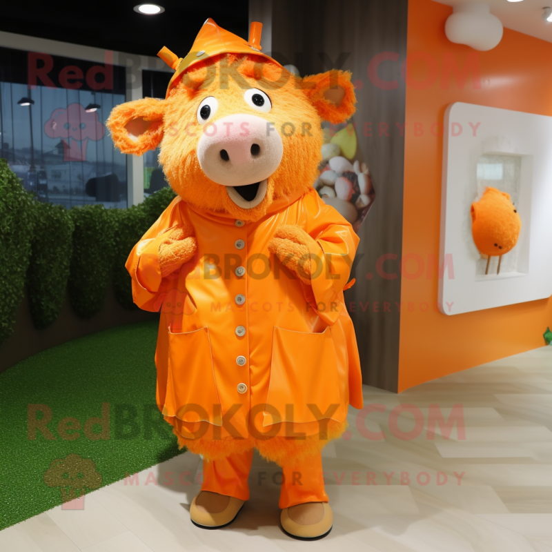 Orange Wild Boar mascot costume character dressed with a Raincoat and Clutch bags Orange Wild Boar mascot costume character dressed with a Raincoat and Clutch bags
