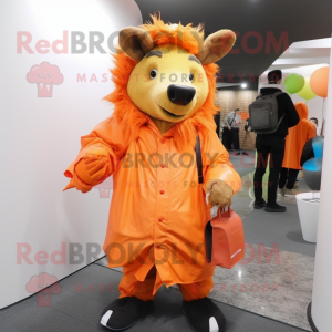 Orange Wild Boar mascot costume character dressed with a Raincoat and Clutch bags