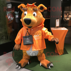 Orange Wild Boar mascot costume character dressed with a Raincoat and Clutch bags
