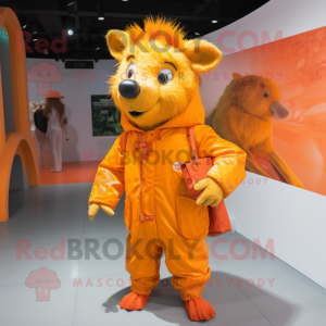 Orange Wild Boar mascot costume character dressed with a Raincoat and Clutch bags