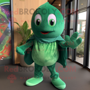 Green Stingray mascot costume character dressed with a Jeans and Mittens
