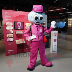 Magenta Champagne mascot costume character dressed with a Button-Up Shirt and Wallets