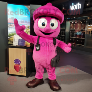 Magenta Champagne mascot costume character dressed with a Button-Up Shirt and Wallets