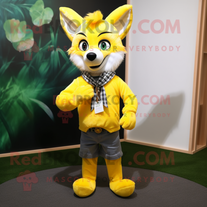 Lemon Yellow Fox mascot costume character dressed with a Flannel Shirt and Necklaces