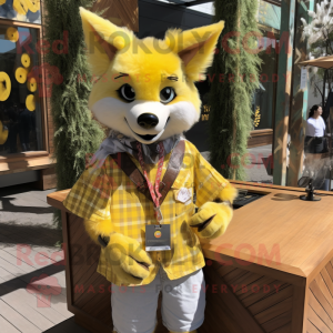 Lemon Yellow Fox mascot costume character dressed with a Flannel Shirt and Necklaces