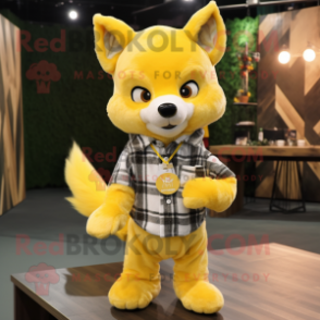 Lemon Yellow Fox mascot costume character dressed with a Flannel Shirt and Necklaces