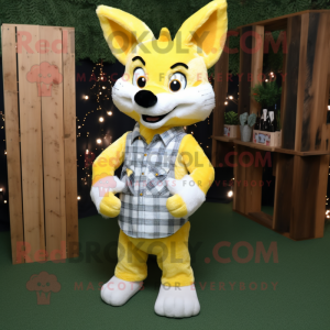 Lemon Yellow Fox mascot costume character dressed with a Flannel Shirt and Necklaces
