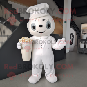 White Pop Corn mascot costume character dressed with a Jumpsuit and Rings