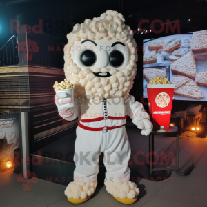 White Pop Corn mascot costume character dressed with a Jumpsuit and Rings