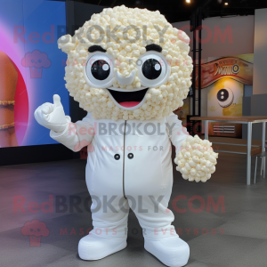 White Pop Corn mascot costume character dressed with a Jumpsuit and Rings