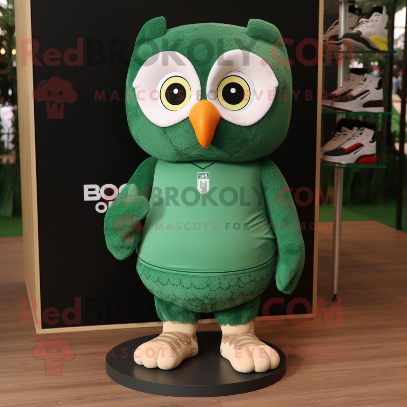 Forest Green Owl mascot costume character dressed with a Shorts and Shoe laces Forest Green Owl mascot costume character dressed with a Shorts and Shoe laces
