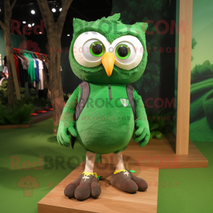 Forest Green Owl mascot costume character dressed with a Shorts and Shoe laces