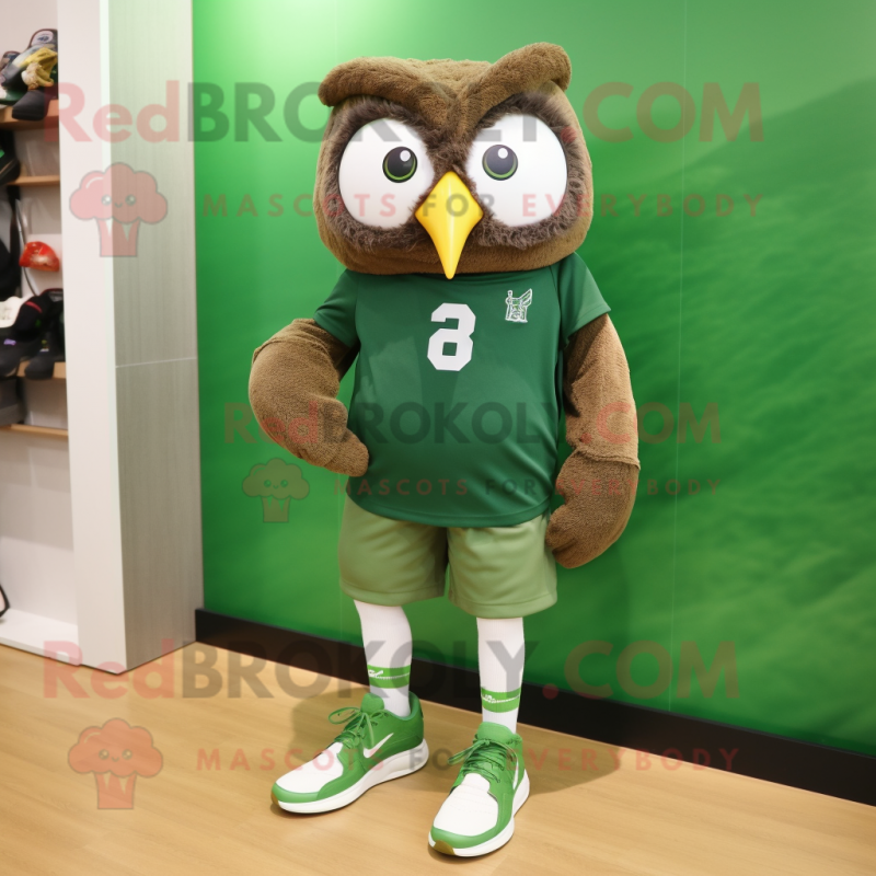 Forest Green Owl mascot costume character dressed with a Shorts and Shoe laces Forest Green Owl mascot costume character dressed with a Shorts and Shoe laces