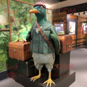 Forest Green Passenger Pigeon mascot costume character dressed with a Cargo Shorts and Clutch bags