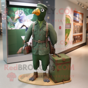 Forest Green Passenger Pigeon mascot costume character dressed with a Cargo Shorts and Clutch bags