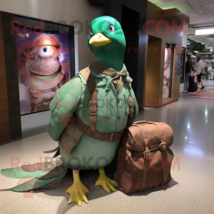 Forest Green Passenger Pigeon mascot costume character dressed with a Cargo Shorts and Clutch bags
