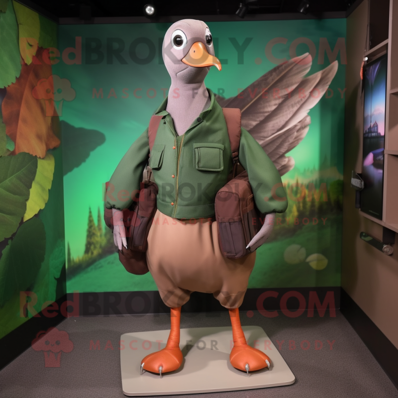 Forest Green Passenger Pigeon mascot costume character dressed with a Cargo Shorts and Clutch bags