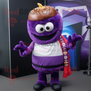 Purple Burgers mascot costume character dressed with a Vest and Scarves