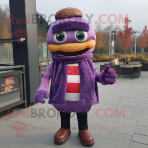 Purple Burgers mascot costume character dressed with a Vest and Scarves