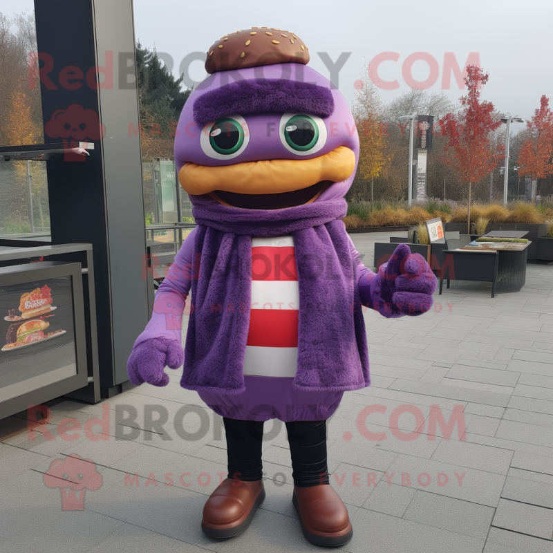 Purple Burgers mascot costume character dressed with a Vest and Scarves Purple Burgers mascot costume character dressed with a Vest and Scarves