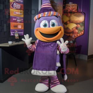 Purple Burgers mascot costume character dressed with a Vest and Scarves