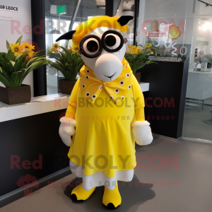 Lemon Yellow Hereford Cow mascot costume character dressed with a Wrap Dress and Eyeglasses