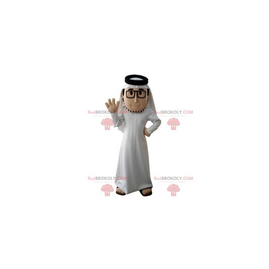 Bearded sultan mascot with a white outfit and glasses -