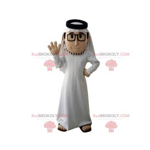 Bärtiges Sultan-Maskottchen mit weißem Outfit und Brille -